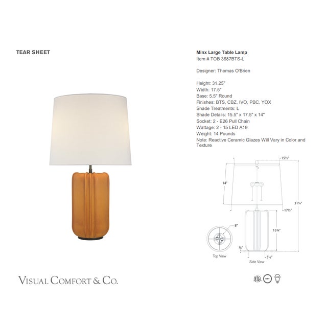 Thomas O'Brien by Visual Comfort Signature Minx Large Table Lamp in Burnt Sienna with Linen Shade Designer: Thomas O'Brien...