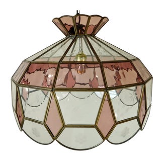 Mid-Century Pink & Clear Etched Stained Glass Hanging Pendant Light Chandelier For Sale