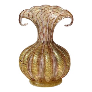 Vintage Murano Barovier Toso Purple Swirl Gold Flecks Italian Art Glass Curled Fan Top Flower Vase For Sale