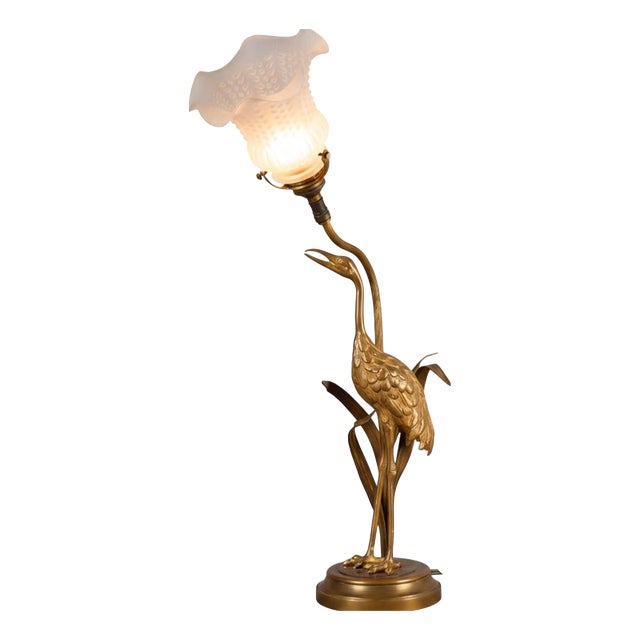 Crane Table Lamp with Frosted Glass Shade, 1920s For Sale