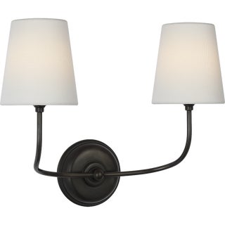 Thomas O'Brien for Visual Comfort Signature Vendome 16" Cordless Double Sconce in Bronze with Linen Shades For Sale