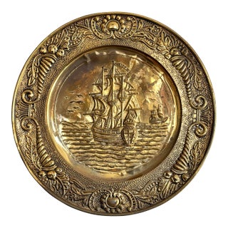 Vintage Nautical Hammered Brass Repousse Wall Hanging Plate For Sale