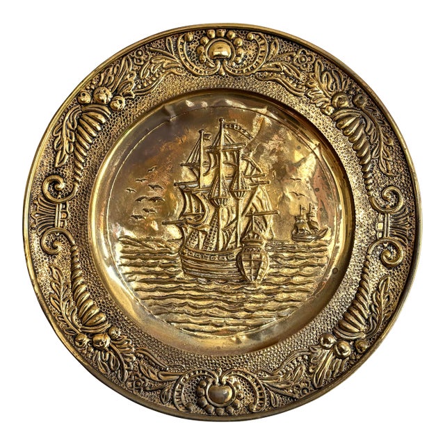 Vintage Nautical Hammered Brass Repousse Wall Hanging Plate For Sale