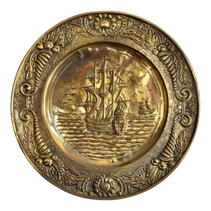 Vintage Nautical Hammered Brass Repousse Wall Hanging Plate