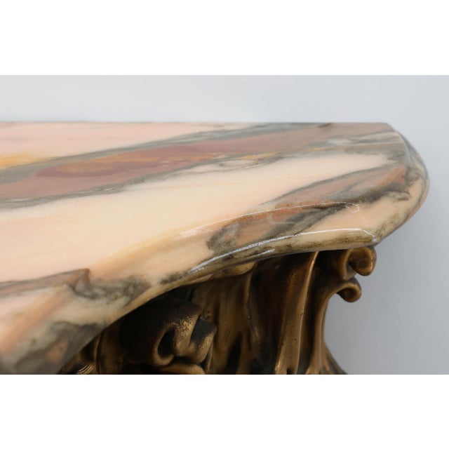 Louis XV Rococo Style Carved Gilt Console Table with Rose Marble Top, Italy, 1950s For Sale - Image 6 of 16
