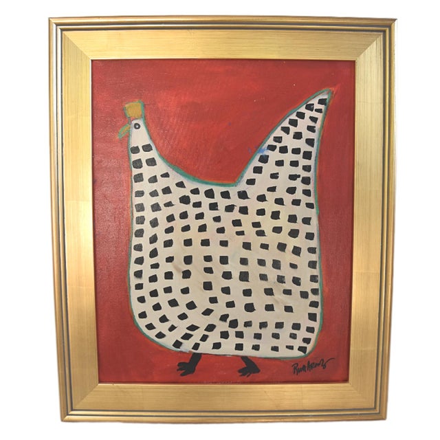2020s Folk Art Chicken Hen Painting by Ruth Arenz Including the Antiqued Gold Wood Frame For Sale - Image 5 of 5