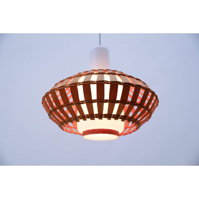 Opaline Glass and Wicker Ceiling Lamp, 1960s For Sale - Image 6 of 11
