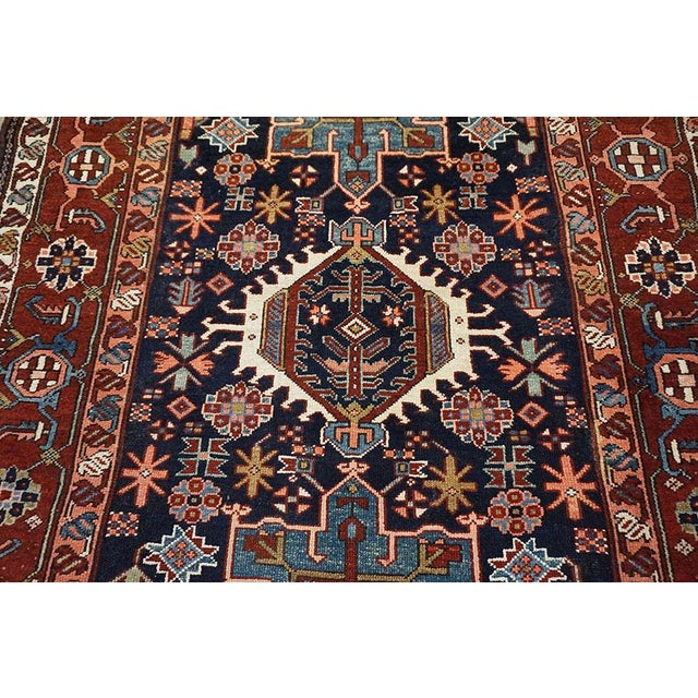 1930s Excellent Navy Background With Symmetric Knots Geometric Pattern Antique Persian Karajeh Rug For Sale - Image 5 of 15