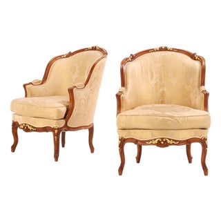 Pair of French Louis XV Style Bergere Chairs, C. 1940. For Sale