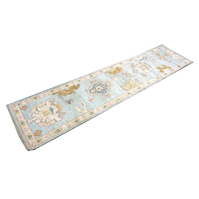 21st Century Turkish Oushak Wool 2x10 Light Blue, Yellow & Ivory Handmade Runner Rug #1144116 For Sale - Image 4 of 11
