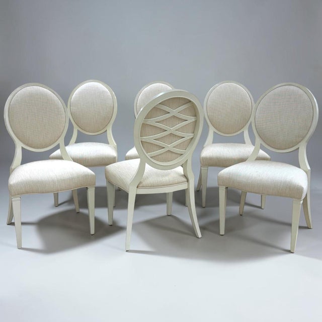 Set of 6 Caracole/Schnadig Taste Full Dining Side Chairs. Features a Pure Ivory wood frame that is tastefully inset with a...