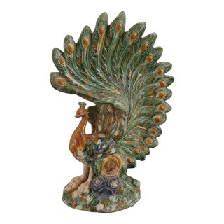 Vintage Sancai Glazed Peacock Figure – 13.2" Ceramic Bird Sculpture For Sale