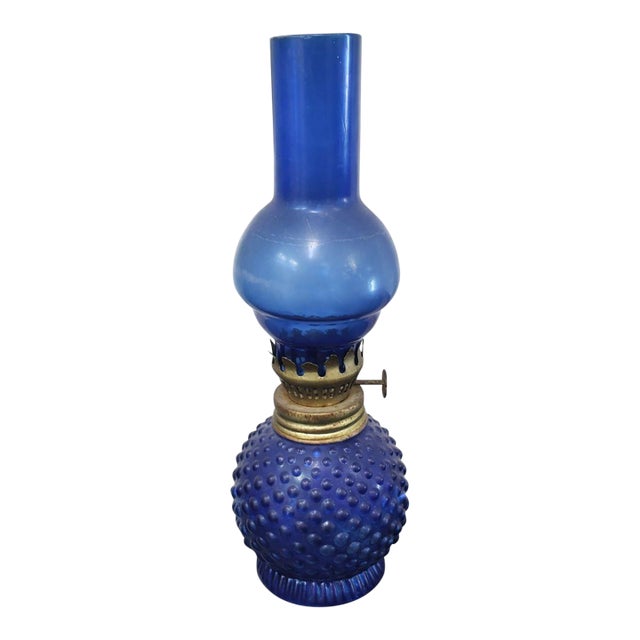 Vintage Avon Cobalt Blue Glass 8.5” Oil Lamp Hong Kong Hobnail Base 1950s-70s For Sale