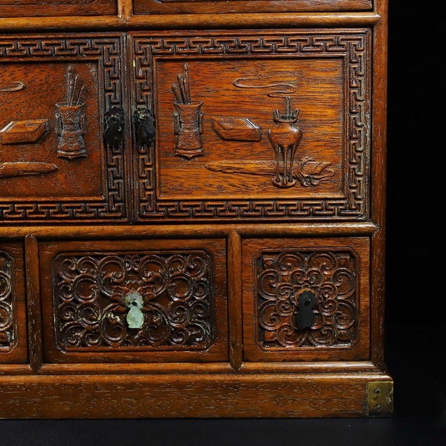 Wood Vintage Chinese Huali Rosewood Carved "Antiques" Cabinet With 5 Drawers and Double Doors For Sale - Image 7 of 10