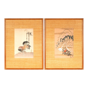 Vintage Japanese Woodblock Prints 'Autumnal Flowers and Rooster' by Hoshin Ishigaki, a Pair