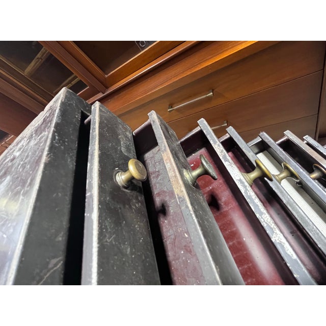 Antique Metal Eight Drawer Watchmaker’s Cabinet or Storage Drawers | E & J Swigart Co + Fancy Crystals B & B For Sale In Tampa - Image 6 of 12