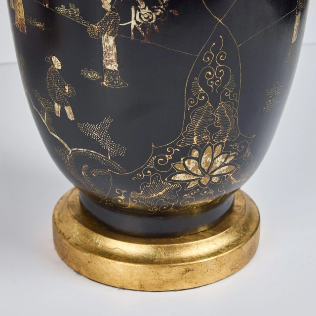 Pair of 1950s Ebonized Wood Chinoiserie Decorated Table Lamps For Sale - Image 9 of 10