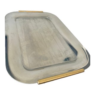 Vintage Art Deco Aluminum Serving Tray With Brass Handles – 1930s Style For Sale