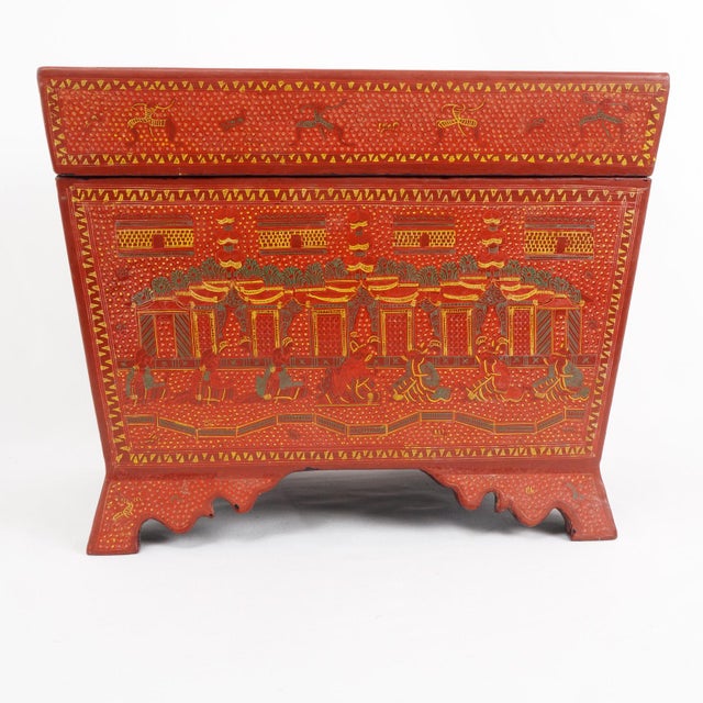 Asian Large Vintage Thai/Burmese Lacquer Hand Painted Box With Lid and Inner Tray For Sale - Image 3 of 14