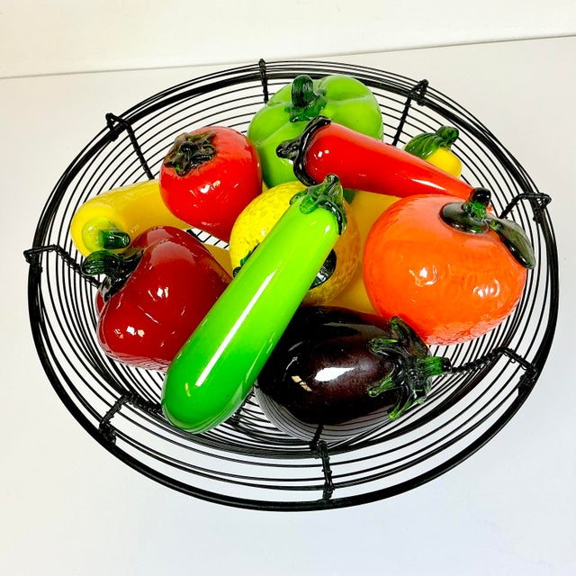 Mid 20th Century Mid-Century Italian Venetian Glass Fruit & Vegetables in Wire Bowl Murano Attributed - Set of 13 For Sale - Image 5 of 13