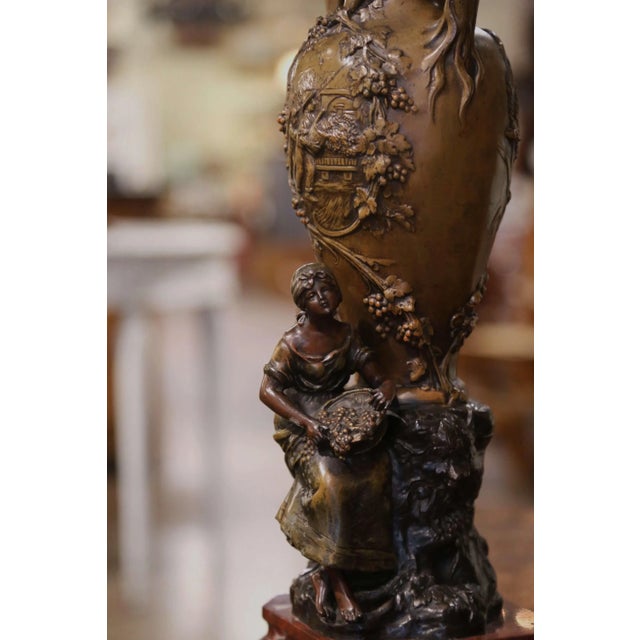 Pair of 19th Century French Verdigris Spelter Harvest Vases Signed Moreau For Sale - Image 9 of 12