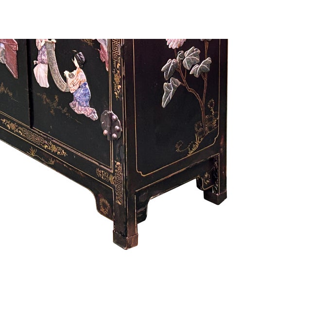 Vintage Chinoiseries Black & Stone Inlay Graphic End Table Nightstand For Sale - Image 13 of 15