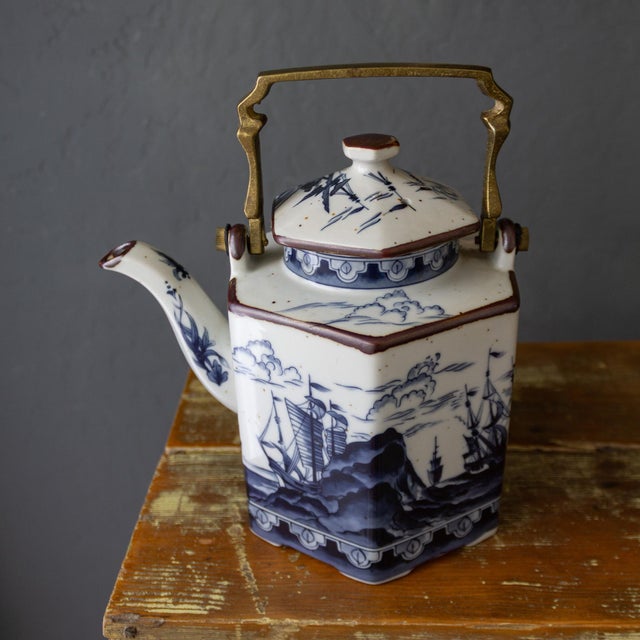 1960s Chinoiserie Nautical Maritime Earthenware Teapot With Blue Nautical Ships For Sale - Image 13 of 16