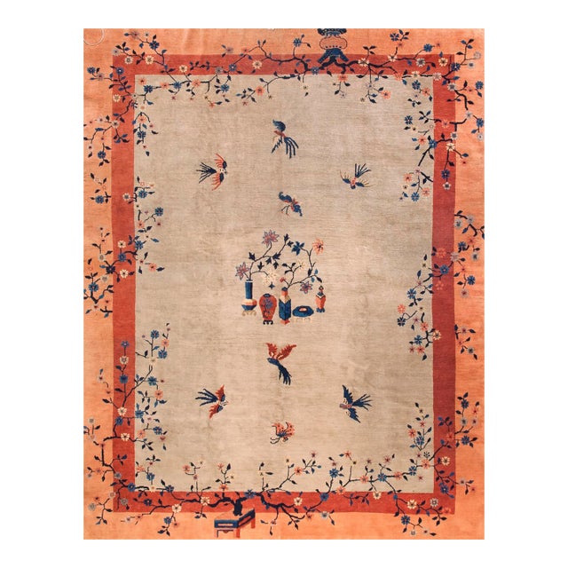 1920s Tan Taupe Minimalist Floral Antique Chinese Peking Rug 9'2" X 11'6" Knotted Wool Carpet For Sale