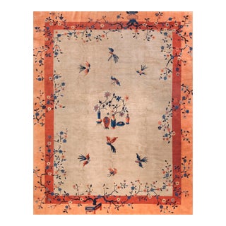 Distinctive Taupe Background Open Minimalist Floral Pattern Century Chinese Peking Rug For Sale