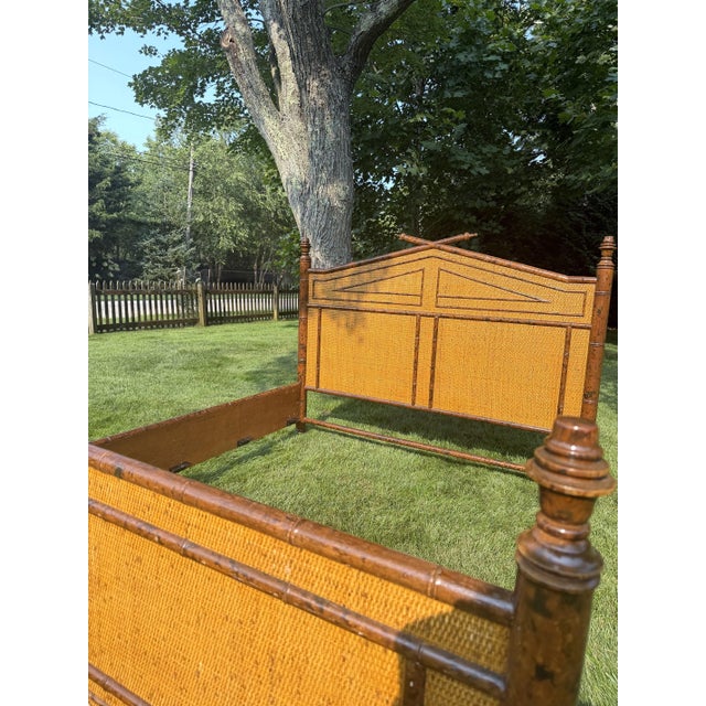 British Colonial Style Faux Bamboo and Rattan Queen Bed in Tortoise Finish For Sale - Image 11 of 12