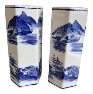 1980s Chinoiserie Blue & White Vases- a Pair