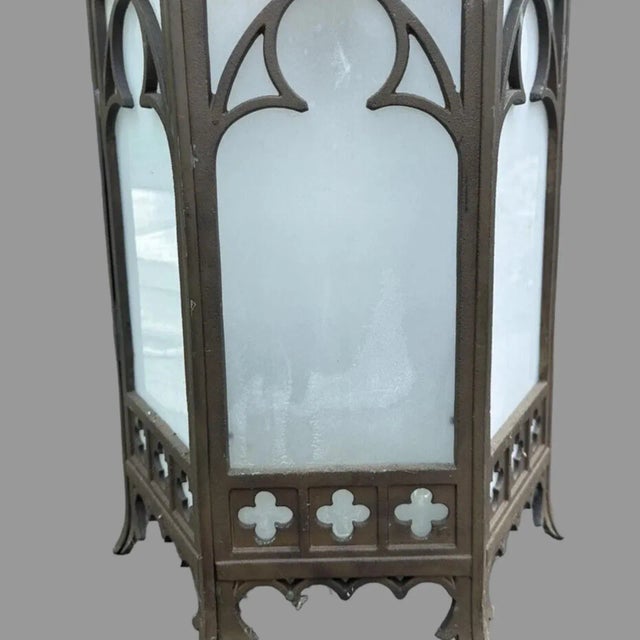 Vintage Cast Metal Gothic Hanging Light Fixture With Glass Panels For Sale - Image 10 of 12