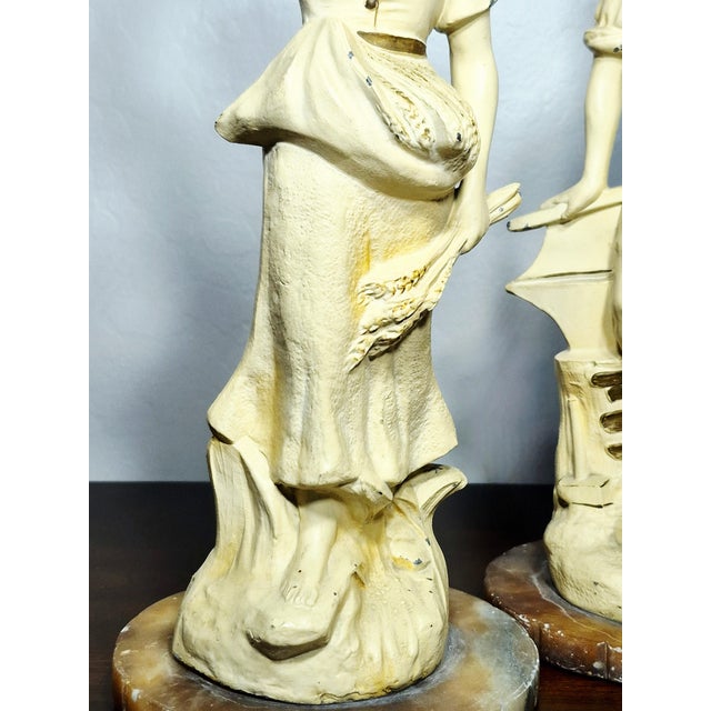 Victorian Antique 19th Century French Spelter Allegorical Figural Statues - A Pair For Sale - Image 3 of 11