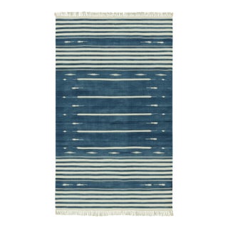 Rug & Kilim's Modern Dhurrie Rug in Blue with White Stripes & Geometric Patterns - 10x14 For Sale