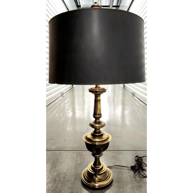 Beautiful Vintage Stiffel Brass Table Lamp With Polished Black Shade For Sale - Image 12 of 12