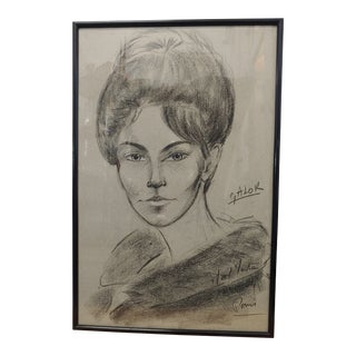 1960s Charcoal Portrait of a French Femme, Framed For Sale