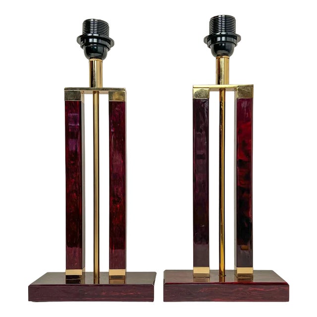 Dutch Brass and Red Acrylic Colomn Table Lamps, 1970, Set of 2 For Sale