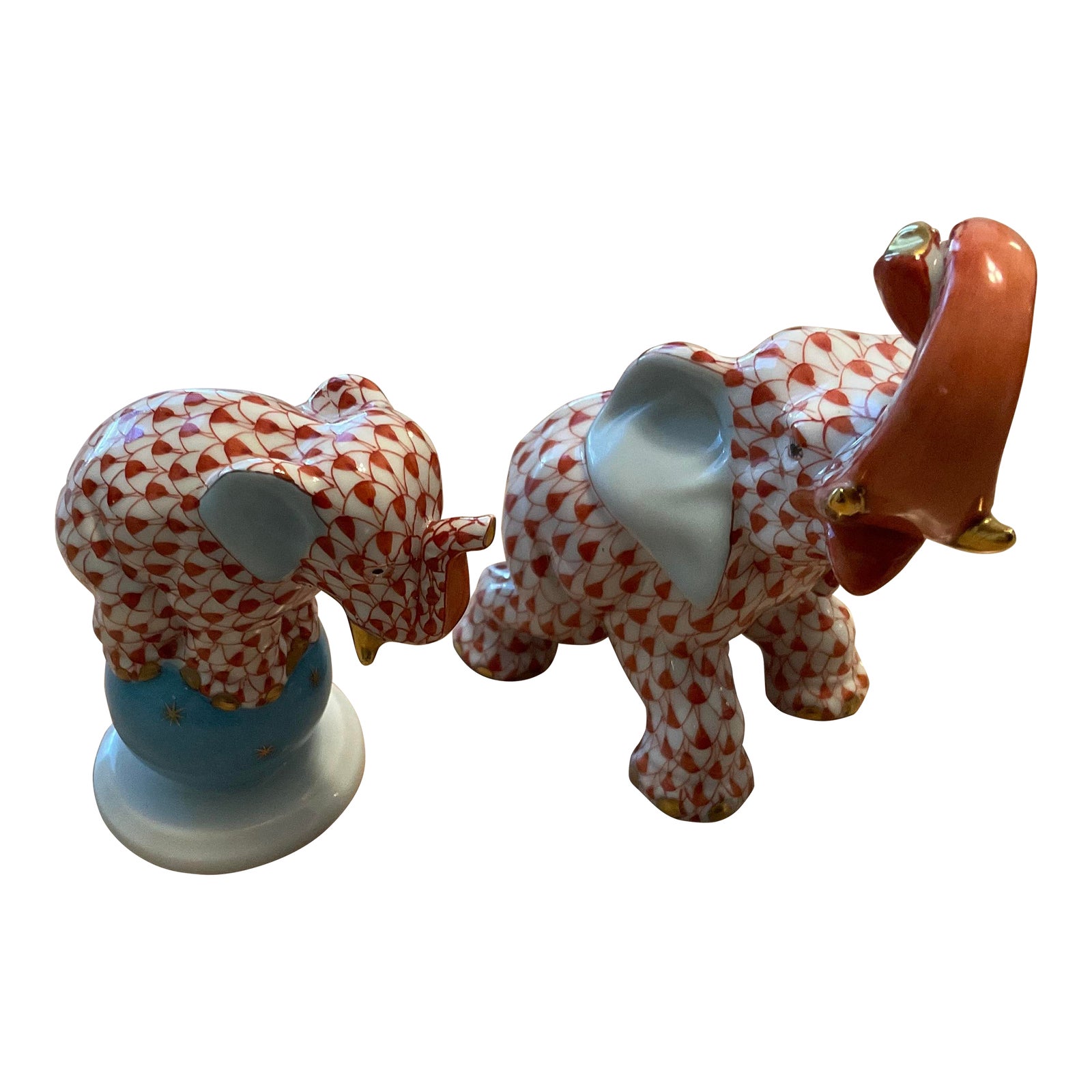 Two Herend Rust Fishnet Small Elephants | Chairish