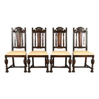 Berkey & Gay Antique English Jacobean Carved Walnut Dining Chairs, Set of Four For Sale