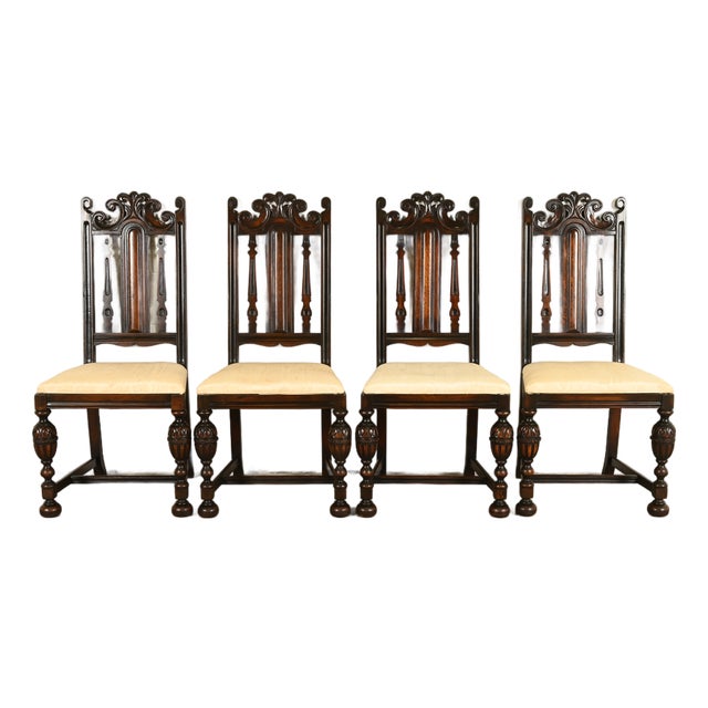 Berkey & Gay Antique English Jacobean Carved Walnut Dining Chairs, Set of Four For Sale