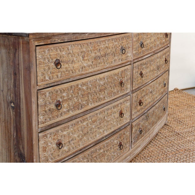 Bleached Wood Lotus Diamond Carved Bow-Front Dresser For Sale - Image 9 of 11