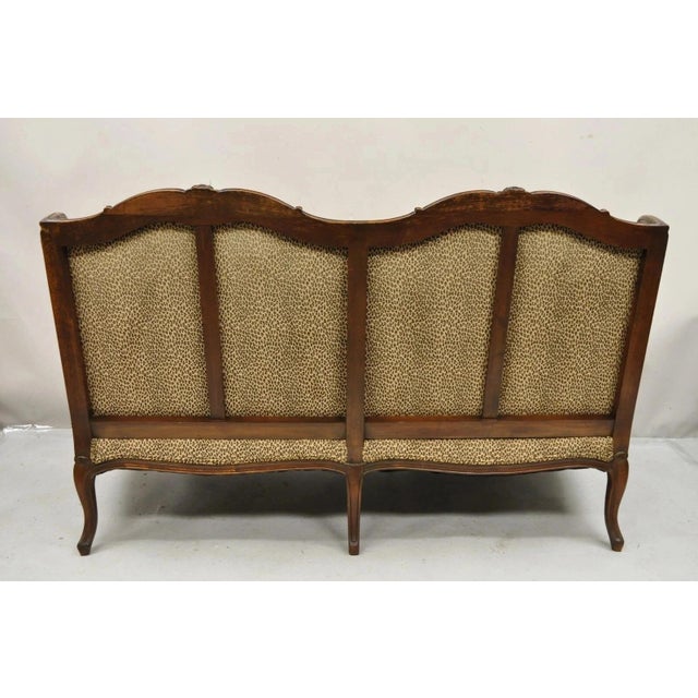Brown Vintage French Country Louis XV Carved Walnut Cheetah Print Wingback Sofa Settee For Sale - Image 8 of 12