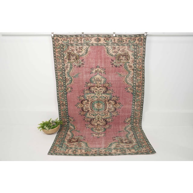 1970s Vintage Turkish Handmade Wool Cotton Pink Area Rug For Sale In San Francisco - Image 6 of 12