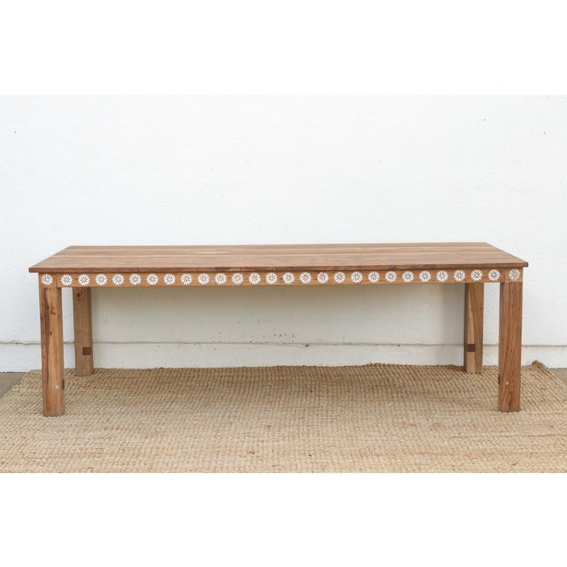 Coastal Mother of Pearl Inlaid Reclaimed Teak Dining Table For Sale - Image 3 of 8