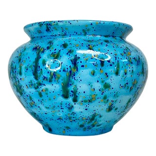 Mid-Century Boho Chic Folk Art Ceramic Studio Turquoise Splatter Planter For Sale