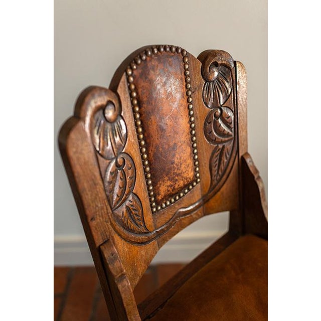 Antique Carved Wood and Leather Chair For Sale - Image 4 of 7