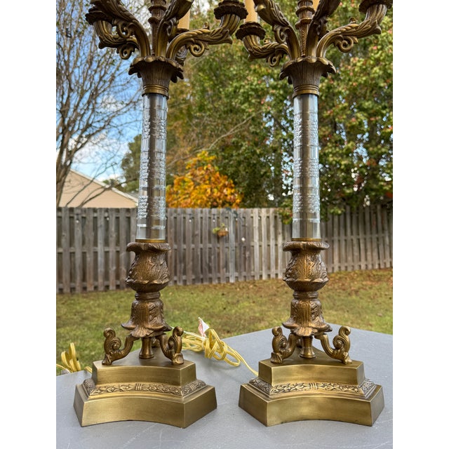 Mid 20th Century French Empire Gilt Bronze 5-Light Candelabra Lamps W/John Richard Shades For Sale - Image 12 of 18