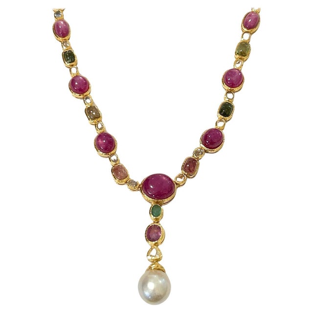 Bochic "Capri" Vintage Multi Sapphires & Rubies Necklace Set 18K Gold & Silver For Sale - Image 15 of 18