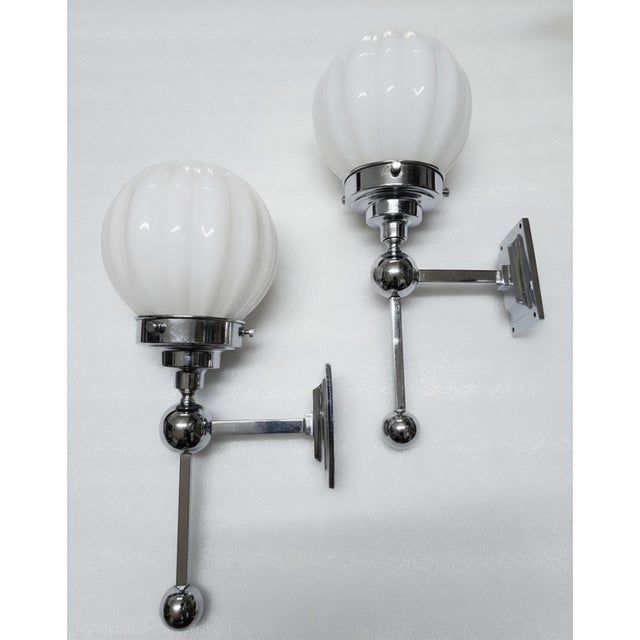 Art Deco Vintage Art Deco Light Old Lamp Wall Sconces Fixture Nickel Brass & Ribbed Milk Glass Shade Ship Light - Pair For Sale - Image 3 of 5