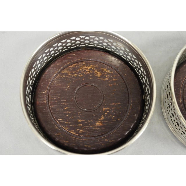Vintage English Victorian Wood & Silver Plated Bar Wine Bottle Coaster - A Pair For Sale - Image 9 of 11